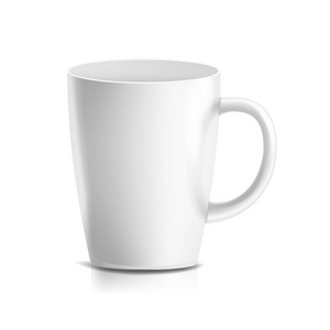 白色杯向量。3d 现实的陶瓷咖啡, 茶杯在白色的隔离。经典家庭杯模拟与手柄插图