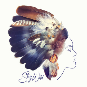 美丽的女子和美国原住民印第安人羽毛头饰时尚肖像作真正的羽毛。创造性的部落图
