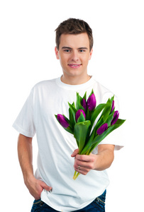 可爱的年轻人送花