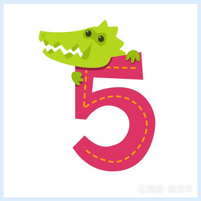 卡通插图数字与动物数字五与鳄鱼