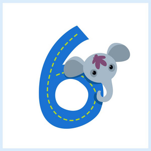 卡通插图数字与动物: 数字六与大象照片