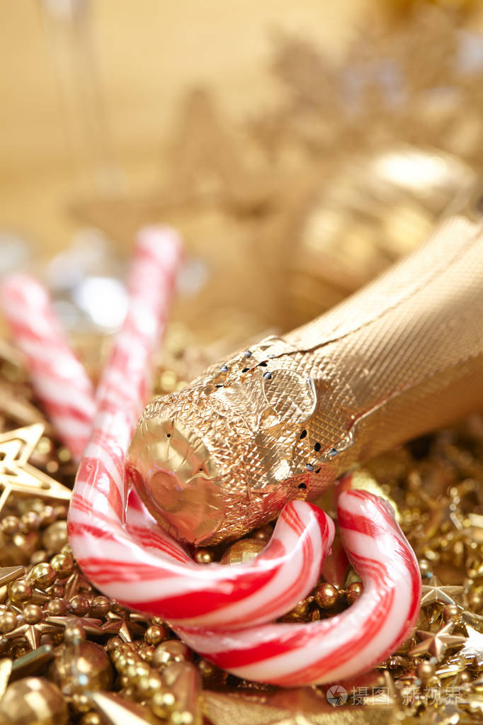 圣诞装饰品和香槟瓶的糖果手杖, 节日概念