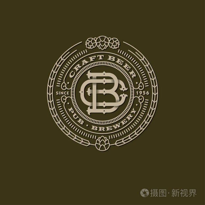 交错的字母.b 和 c 字母.工艺啤酒的标志.像雕刻一样的古董符号