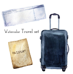 水彩旅行集包括护照, 登机牌, 导航手提箱。手绘插图被隔离在白色背景。用于设计纺织和背景