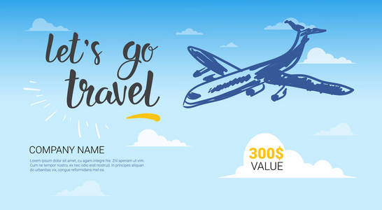 旅行公司模板横幅飞机飞行在天空背景旅行社传单