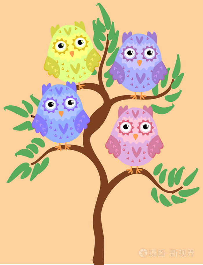 明亮可爱的卡通猫头鹰坐在开花树枝上的梦幻般的树木