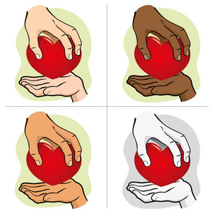 插图手传递心脏到另一个, 种族.理想的机构和浪漫的材料照片