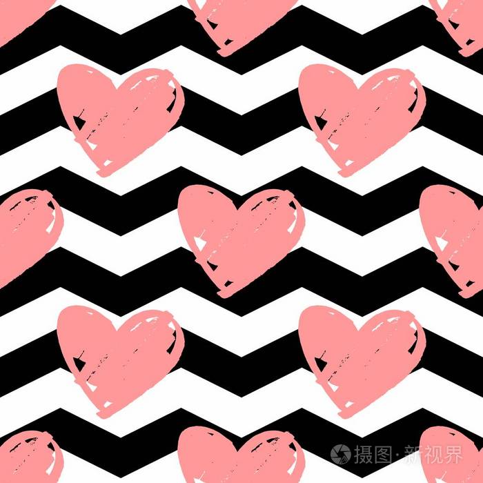 黑色和白色雪佛龙背景下的粉红色红心瓷砖矢量图案