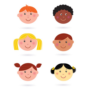 可爱的多元文化儿童头像孤立的白色图标