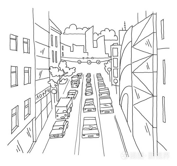 城市街道交通拥堵线形透视草图路景汽车结束大厦手绘矢量股票线图