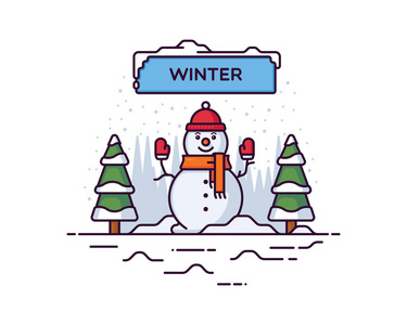 雪人和树木的冬季矢量插图