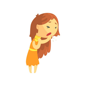 生病的女孩长头发咳嗽, 不适青少年需要医疗帮助卡通人物矢量插图照片