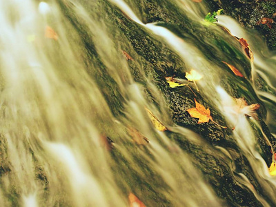 玄武岩岩石的秋天瀑布。闪亮的溪流和许多五颜六色的叶子在银行
