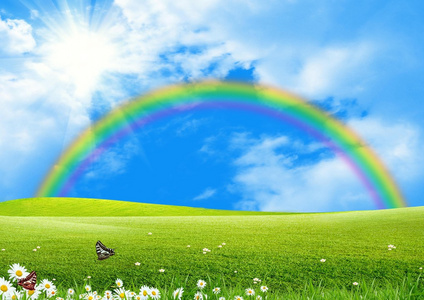 彩虹在绿色的草地上