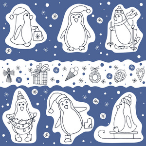 向量组的企鹅和圣诞礼物图标