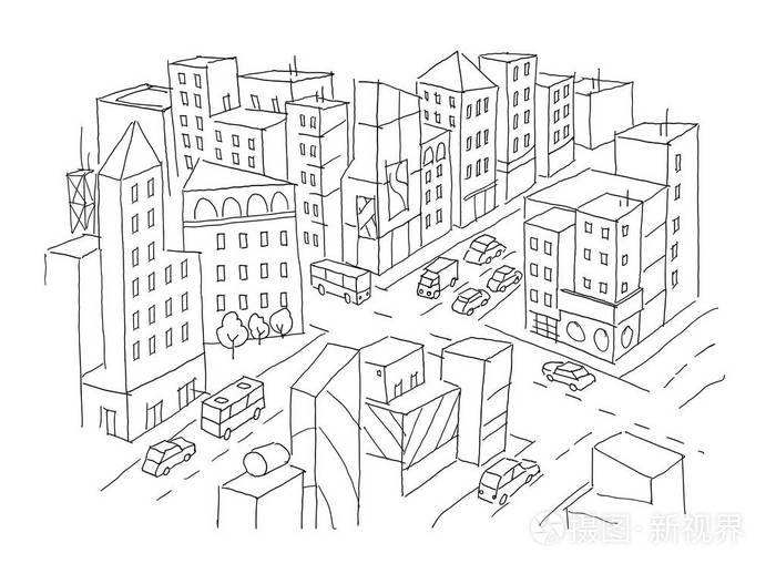 城市街道相交剪影交通道路景观汽车结束建筑物的顶部视图手绘矢量股票