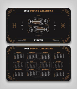 双鱼座2018年生肖日历口袋大小水平布局双面黑色设计风格矢量概念图