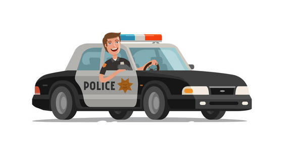 快乐的警察在警车上闪着灯.卡通矢量插图
