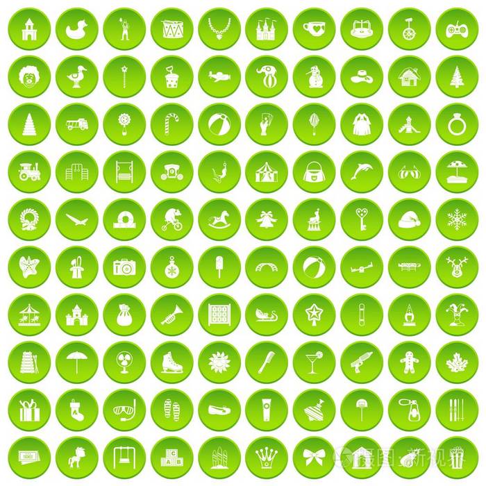 100愉快的童年图标设置绿色圈子