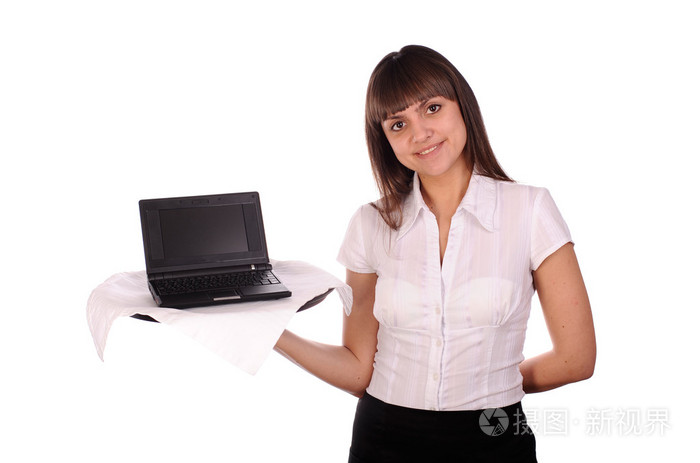年轻女服务员带手提电脑