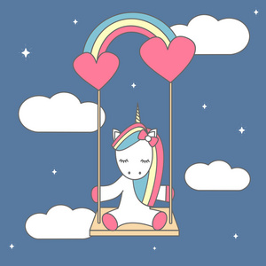 可爱的卡通矢量插画可爱的独角兽坐在彩虹秋千照片