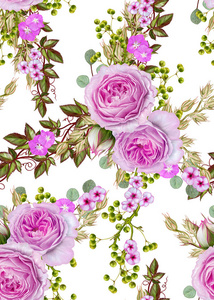 无缝花纹。精致美丽的粉红玫瑰，绿色浆果花束插花叶