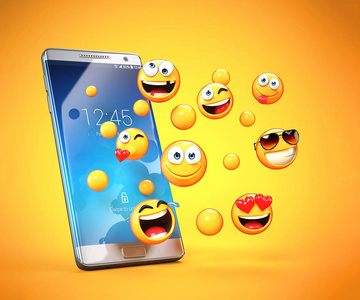 Emojis 围绕手机, 智能手机短信与图释3d 渲染