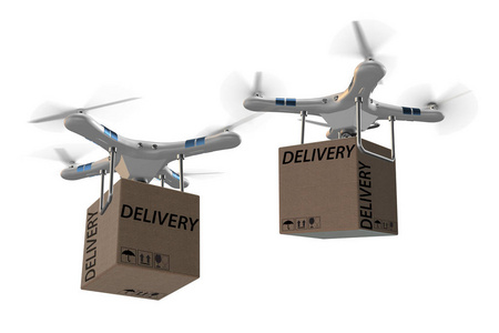 无人机交付概念与盒在空气3d 渲染