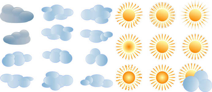 卡通云, 太阳在蓝天背景下设置。集合图标。矢量艺术插图