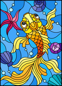 在贝壳和水背景下的彩色玻璃风格插图