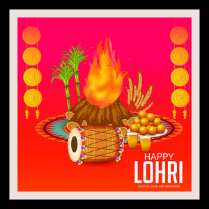 矢量插图在快乐 Lohri 背景与旁遮普语的消息 Lohri 卢比卢比 vadhaiyan 意为 Lohri 的快乐祝愿