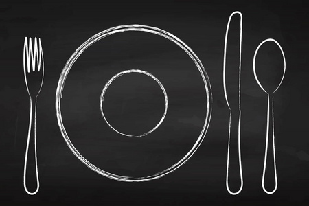 在黑板上的餐具。刀叉 汤匙。板。为您的设计