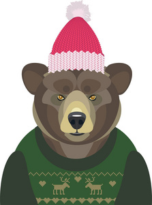 白色背景毛衣和帽子上的圣诞熊的矢量插图