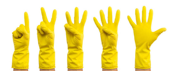 用黄色手套做清洁。一组手势