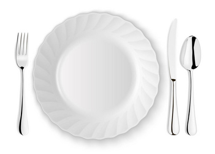 现实的矢量勺, 叉子, 刀和盘子特写在白色背景上隔离。设计模板或模拟。顶部视图