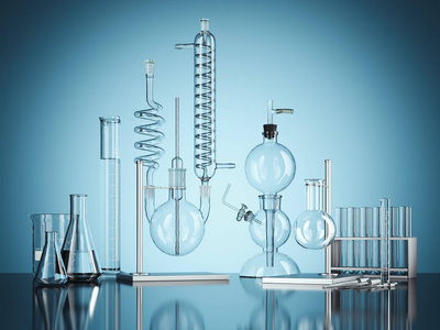 蓝色背景的玻璃化学实验室设备。3d 渲染