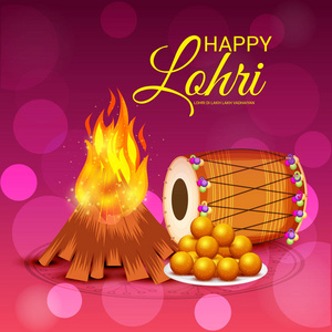 矢量插图在快乐 Lohri 背景与旁遮普语的消息 Lohri 卢比卢比 vadhaiyan 意为 Lohri 的快乐祝愿