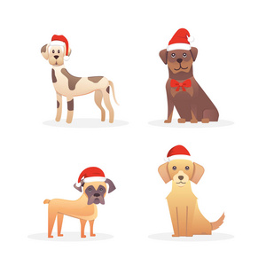 一套可爱的狗在红色的圣诞老人帽子。圣诞小狗冬季卡通插画