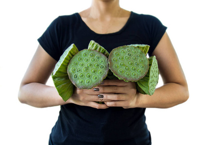 莲子, 女子手持莲子, 双手在白衣照片