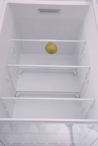 一只梨在空旷的冰箱里