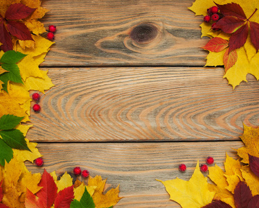 秋天的落叶，木制的桌子上