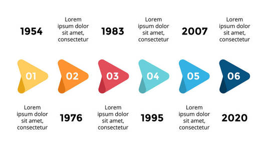矢量箭头三角形时间线信息, 图示图, 图形表示。具有6选项部件步骤和流程的业务进度概念