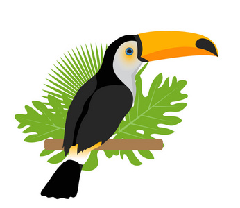 托科鸟图标是一个平面, 卡通风格。异国情调的鸟坐在热带的树枝上。在白色背景上隔离。矢量插图