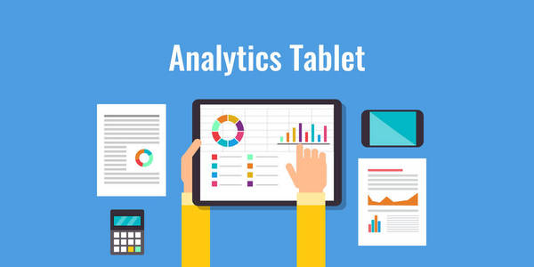 显示在 tablet 屏幕上的数据分析报告。数字设备上的大型数据分析报告概念。平面设计矢量图