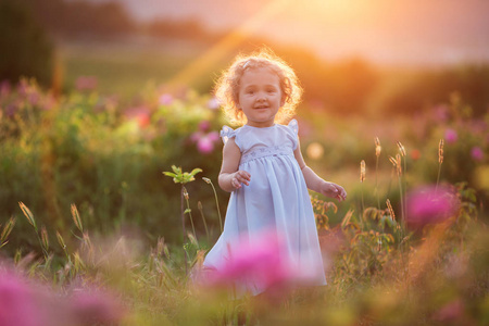 卷曲的孩子女孩走在春天花园与粉红色开花玫瑰花, 日落时间