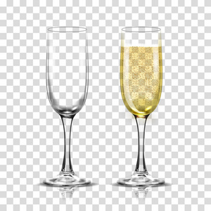 现实矢量插图集的透明香槟杯与闪闪发光的白色葡萄酒和空玻璃
