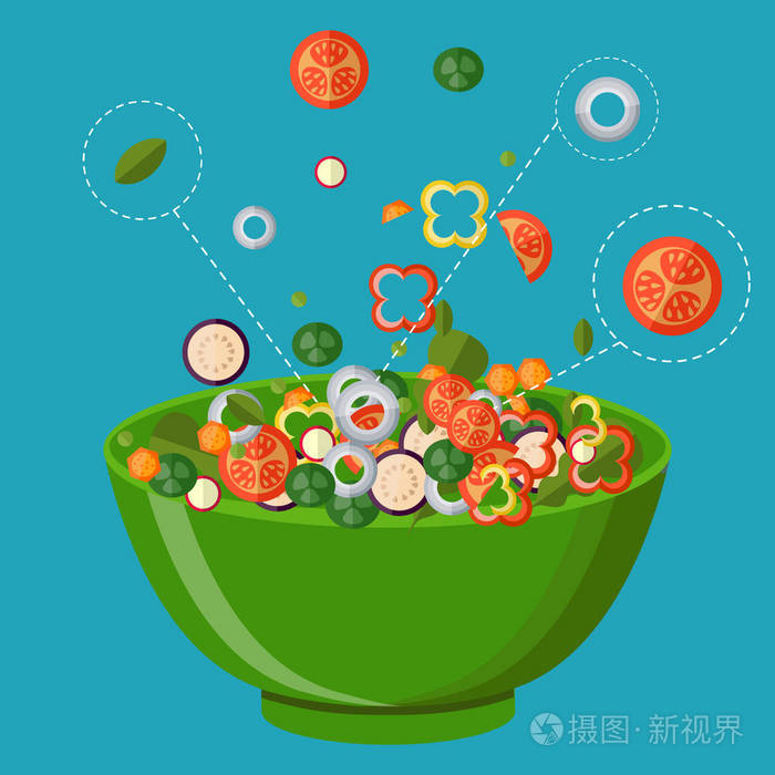 新鲜蔬菜沙拉矢量图标集.矢量插图