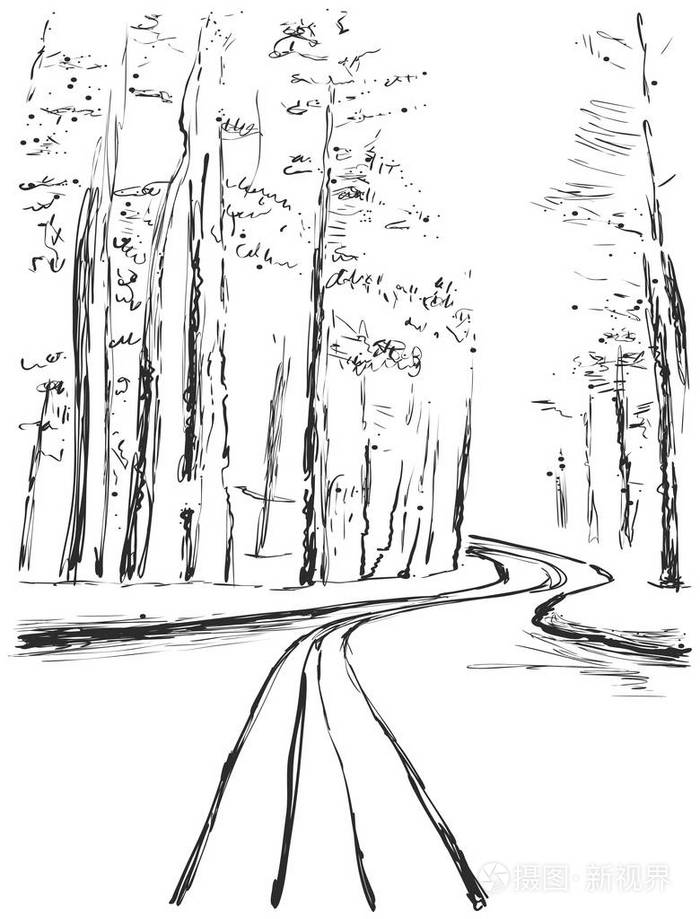 手绘森林素描景观与道路和树木.线路设计