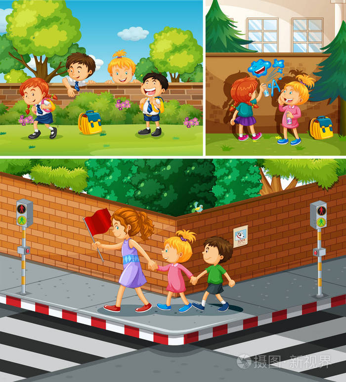 横过马路,在公园里闲逛的人