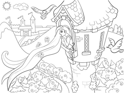 长发公主在石塔着色为儿童卡通光栅插图